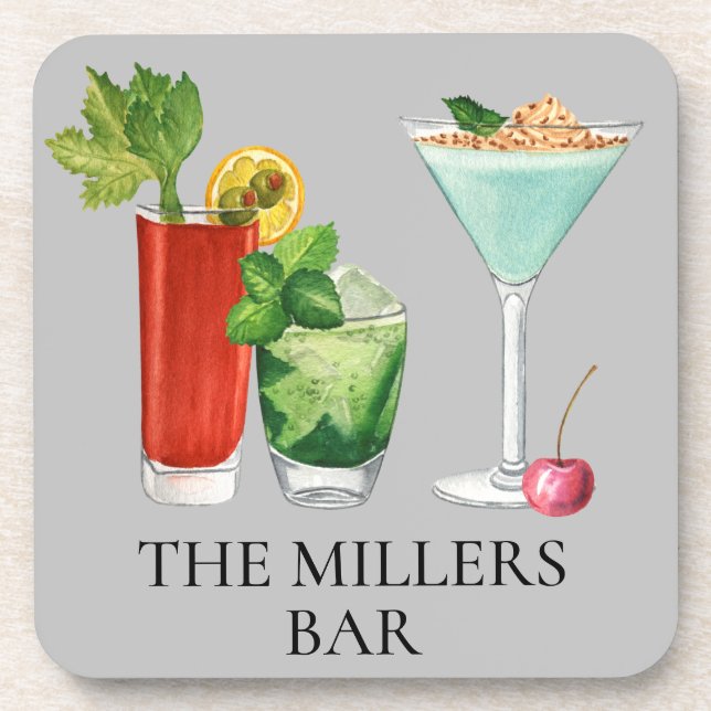  Cocktail Bar Watercolor Drinks Personalised  Coaster (Front)