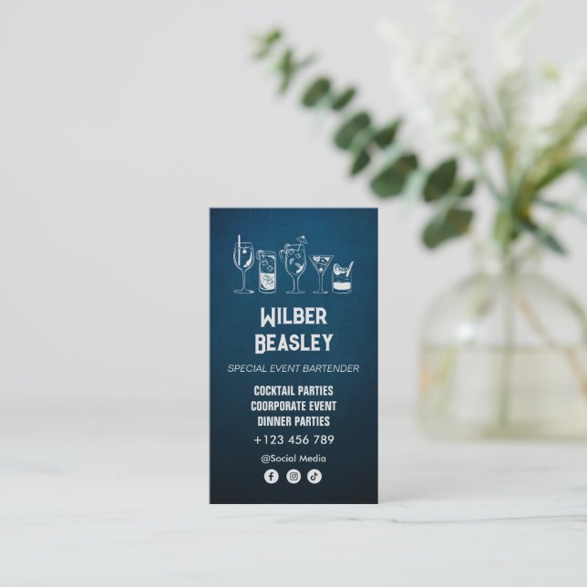 Cocktail bartender Professional | Dark Blue Business Card (Standing Front)