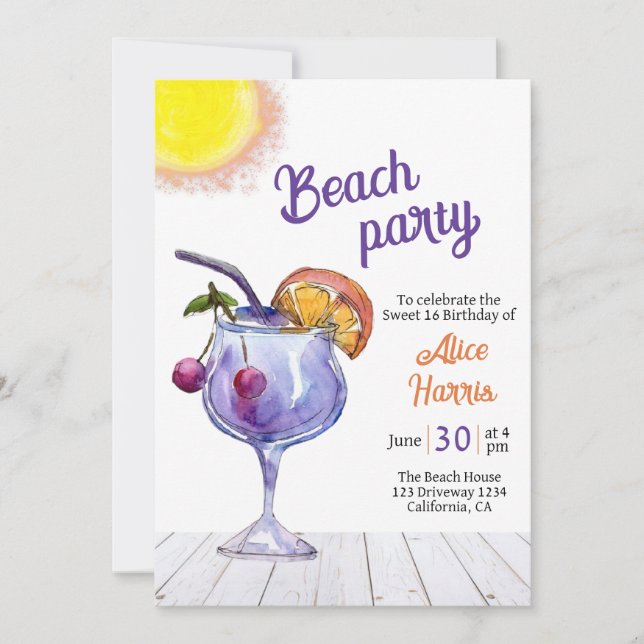 Cocktail Beach party sweet 16 Invitation (Front)