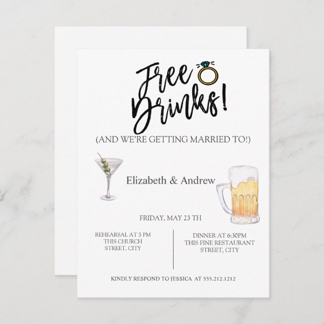 Cocktail,Beer,Free Drinks Rehearsal Dinner  Invitation (Front/Back)
