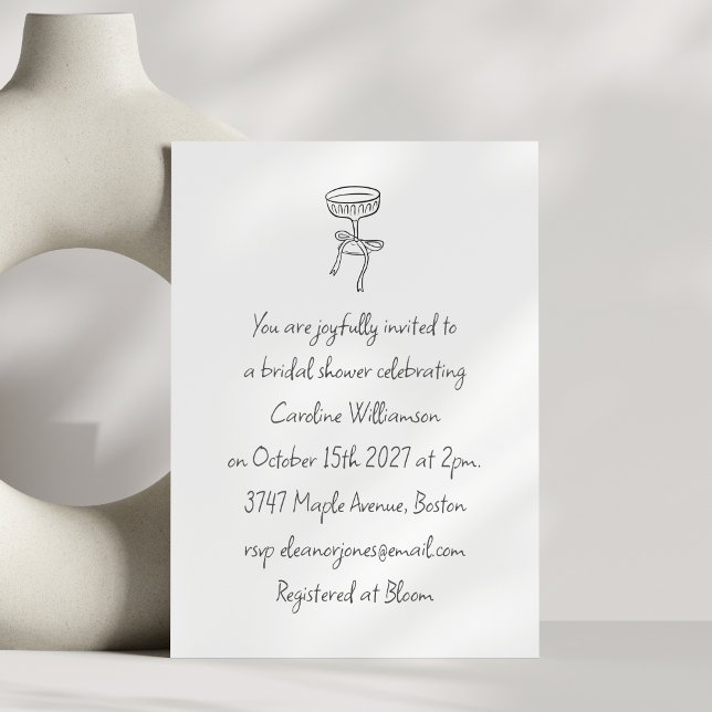 Cocktail Bow Black White Handwritten Bridal Shower Invitation (Creator Uploaded)