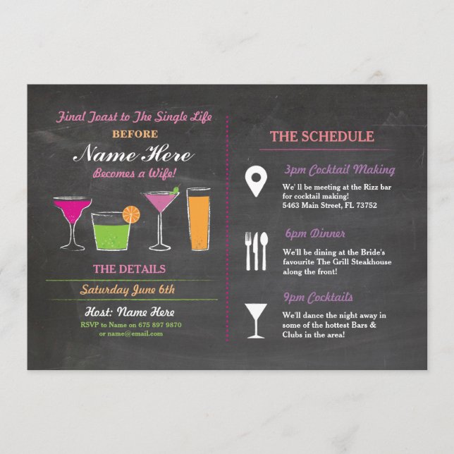 Cocktail Bridal Shower Itinerary Bachelorette Programme (Front)