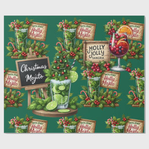 Cocktail Christmas Party with Drinks on Green Wrapping Paper