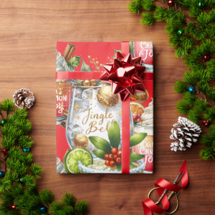 Cocktail Christmas Party with Drinks on Red Wrapping Paper