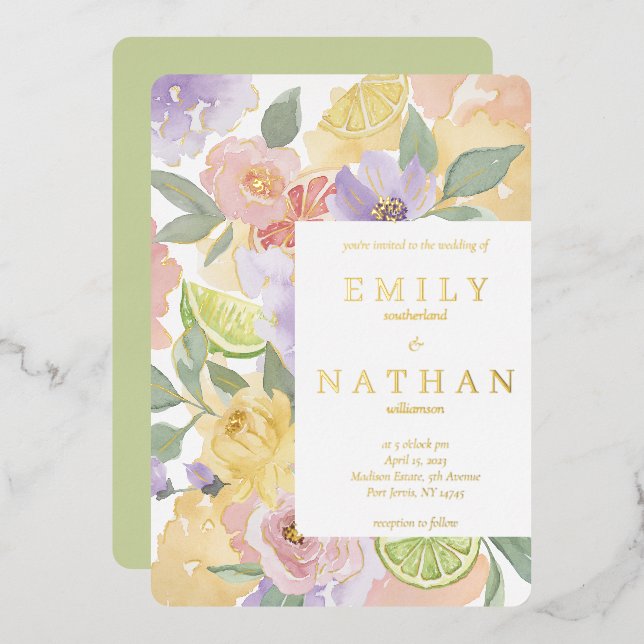 Cocktail & Citrus Fruit Wedding Watercolor Florals (Front/Back)