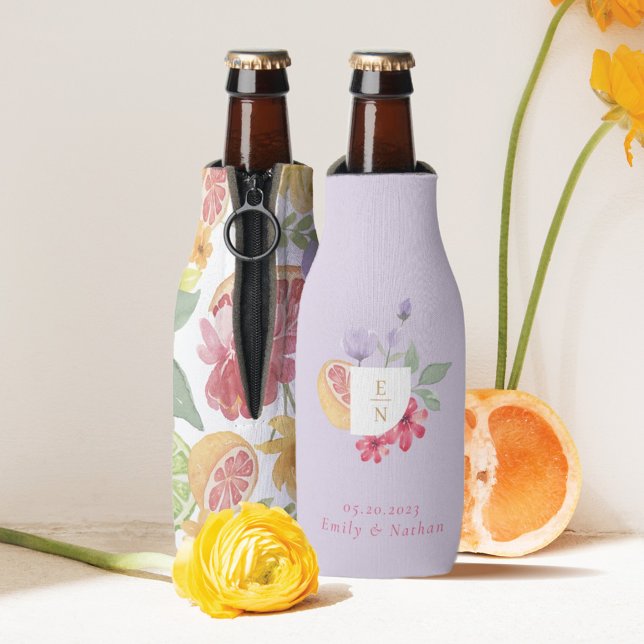 Cocktail Citrus Watercolor Floral Wedding Monogram Bottle Cooler (Creator Uploaded)