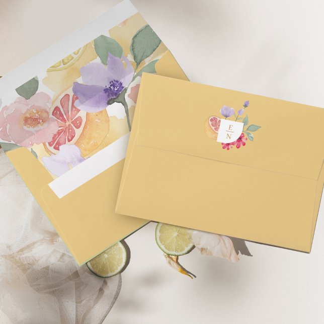 Cocktail Citrus Watercolor Floral Wedding Monogram Envelope (Creator Uploaded)