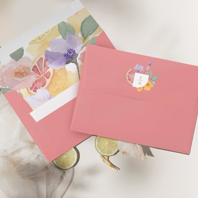 Cocktail Citrus Watercolor Floral Wedding Monogram Envelope (Creator Uploaded)