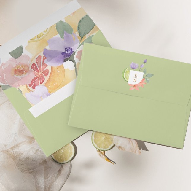 Cocktail Citrus Watercolor Floral Wedding Monogram Envelope (Creator Uploaded)