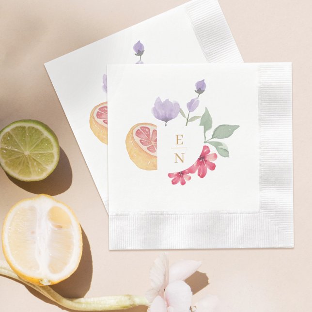 Cocktail Citrus Watercolor Floral Wedding Monogram Napkin (Creator Uploaded)