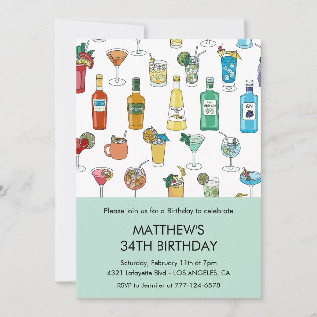 Cocktail Colourful Drinks Champgne 34th birthday Invitation (Front)