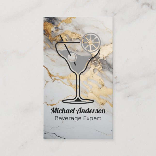 Cocktail Drink Illustration | Gold Foil Marble Business Card (Front)