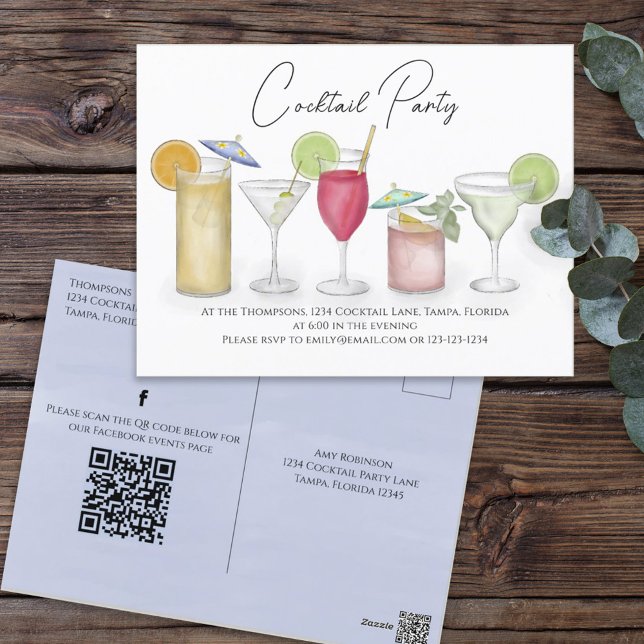 Cocktail Drinks QR Code Social Media Pre Addressed Postcard (Creator Uploaded)