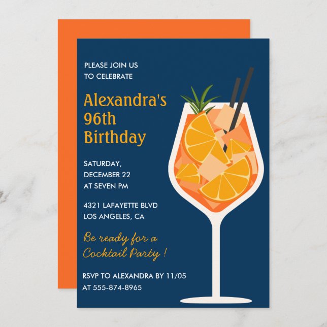 Cocktail Elegant Navy blue 96th birthday Invitation (Front/Back)