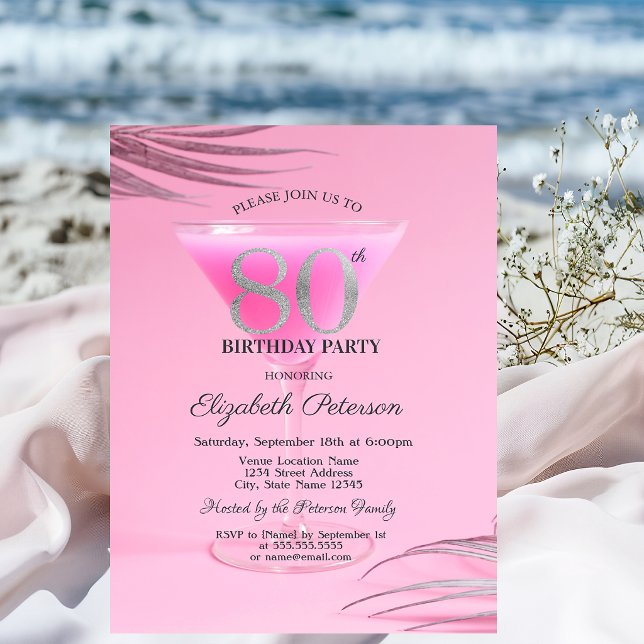 Cocktail Glass Pink 80th Birthday   Invitation (Creator Uploaded)