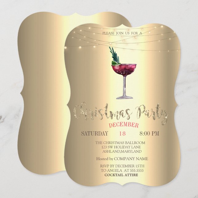 Cocktail, Gold Christmas Company Party Invitation (Front/Back)