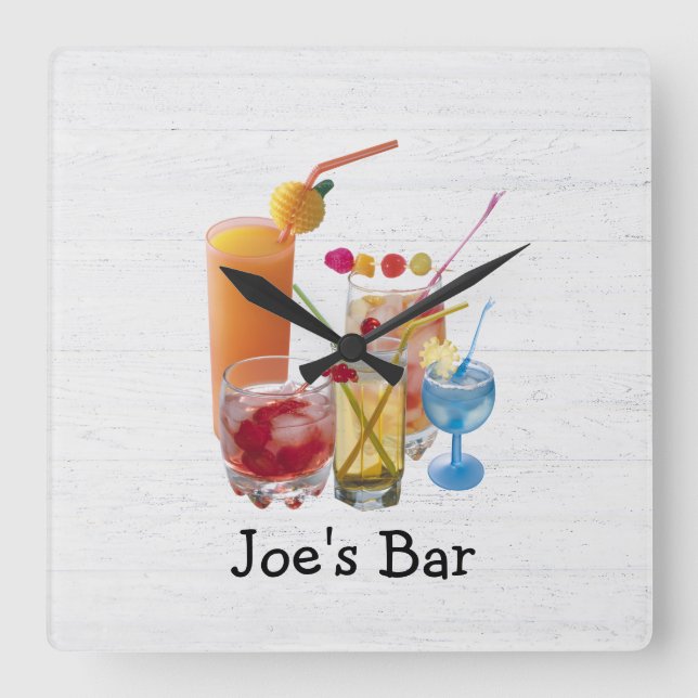 Cocktail Happy Hour On Wood Square Wall Clock (Front)
