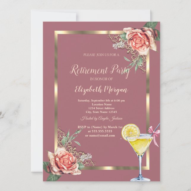 Cocktail Lemon Floral Frame Roses Retirement Invitation (Front)
