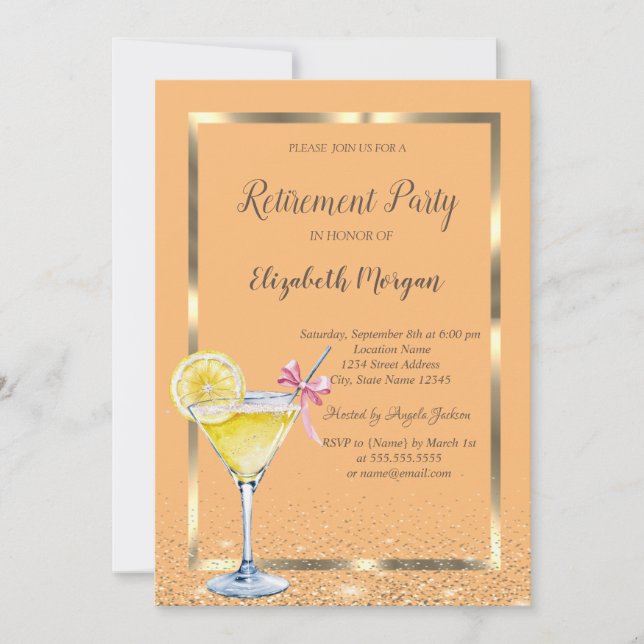 Cocktail Lemon Frame Confetti Orange Retirement Invitation (Front)