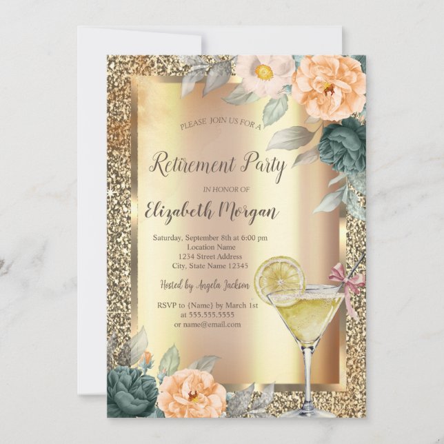 Cocktail Lemon Roses Gold Glitter Retirement  Invitation (Front)