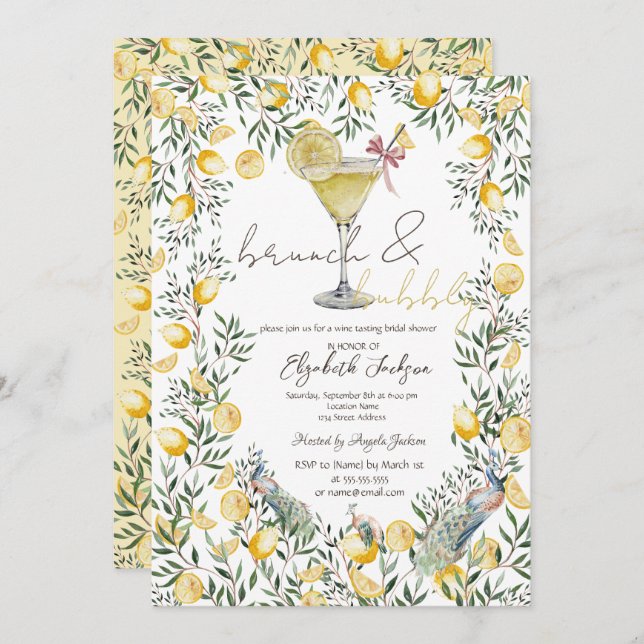 Cocktail Lemons Peacock Brunch Bubble Invitation (Front/Back)
