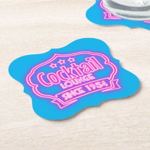 Cocktail lounge vintage neon sign liquor pink blue paper coaster