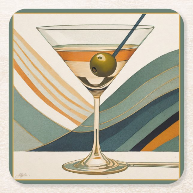 Cocktail Martini Mid Century Design Square Paper Coaster (Front)