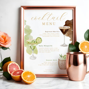 Cocktail Menu Watercolor Wedding Bar Drink Menu Poster