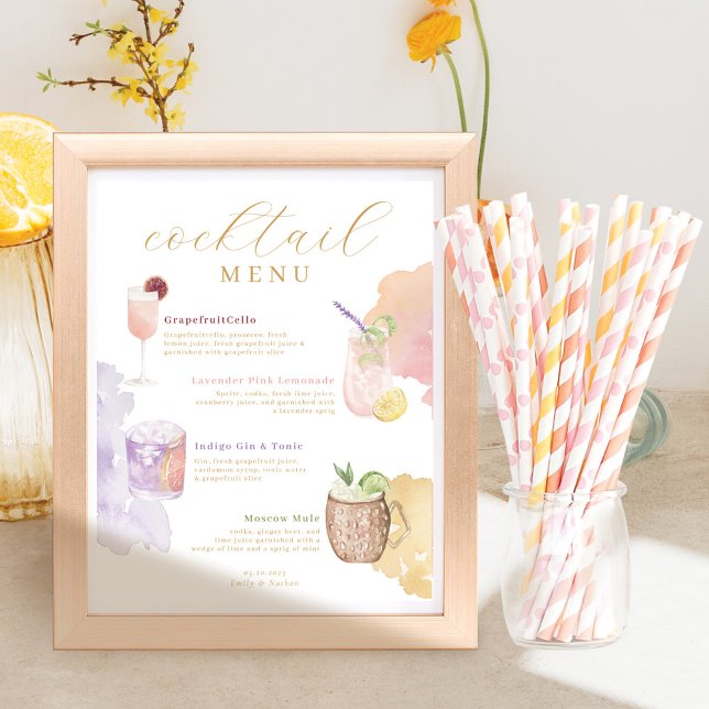 Cocktail Menu Watercolor Wedding Bar Drink Menu Poster (Creator Uploaded)