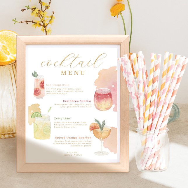 Cocktail Menu Watercolor Wedding Bar Drink Menu Poster (Creator Uploaded)