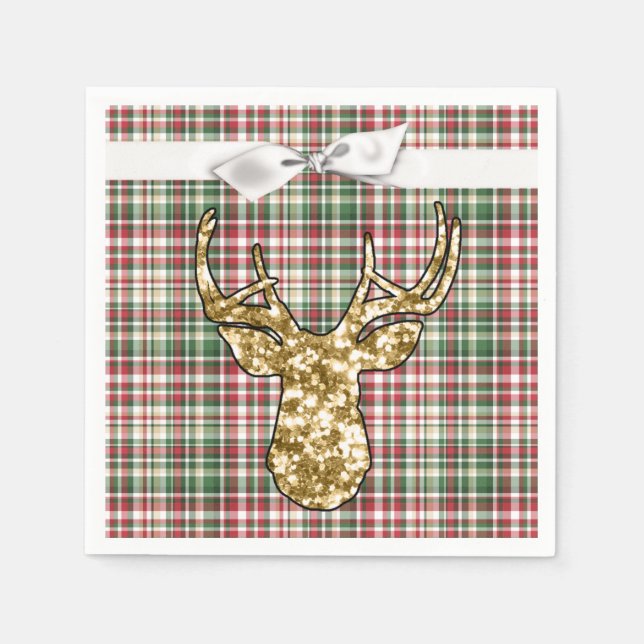 Cocktail Paper Napkin Gold Glitter Reindeer Plaid (Front)