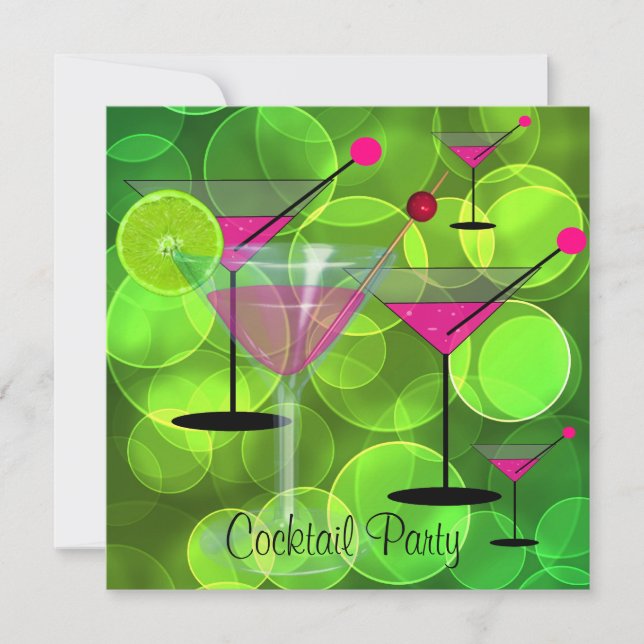 Cocktail Party Bubbles Green Pink Invitation (Front)