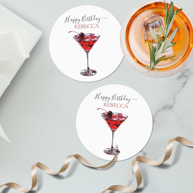Cocktail Party Cherry Martini Happy Birthday Round Paper Coaster (Creator Uploaded)