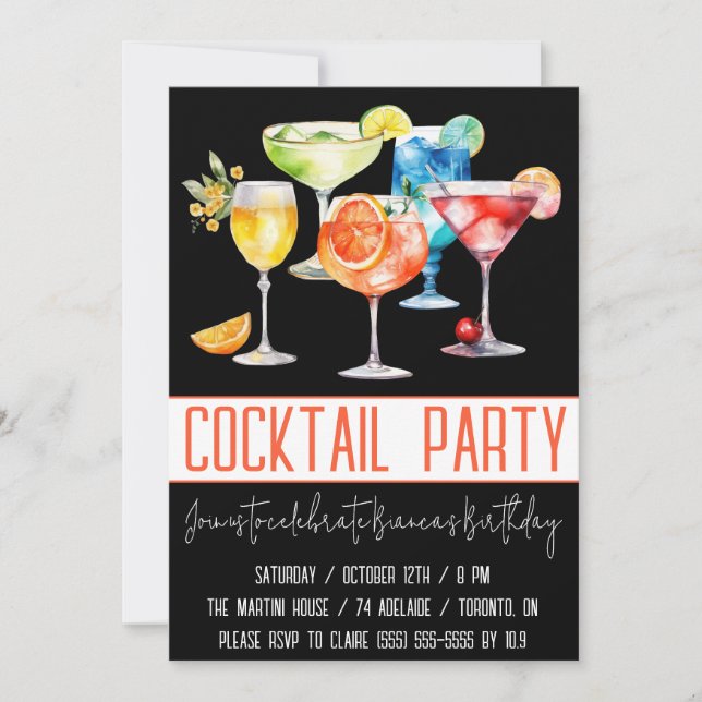 Cocktail Party, Fruity Drinks, Birthday Party Invitation (Front)