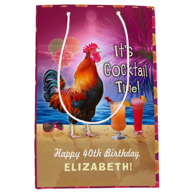 Cocktail Party Tropical Rooster Funny Birthday Medium Gift Bag (Front)
