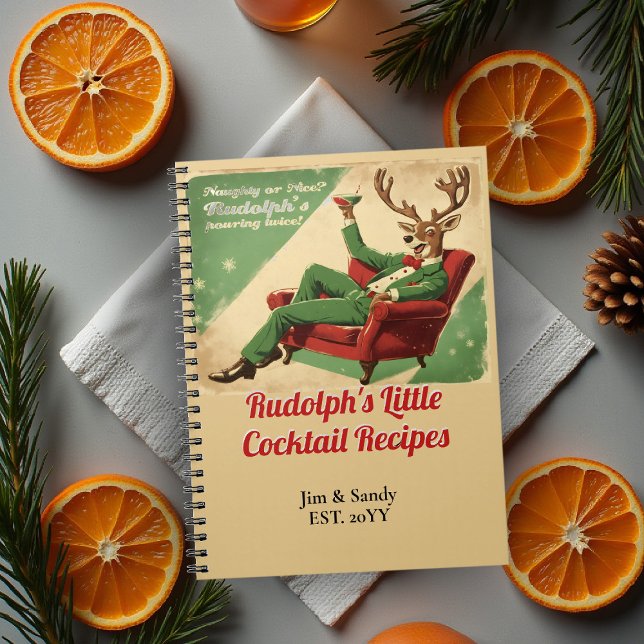 Cocktail Party Vintage Funny Christmas Recipes Notebook (cocktail party personalized recipe notebook funny rudolph naughty nice lounge red green vintage retr)