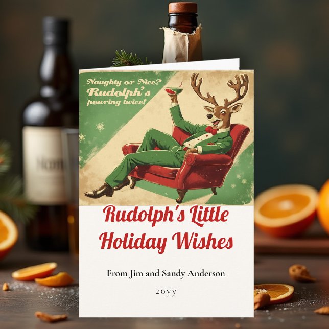 Cocktail Party Vintage Funny Retro Christmas Party Card (funny holiday card couple family cocktail rudolph naughty nice lounge red green vintage retro)