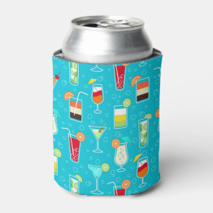 Cocktail Pattern on Teal Background Can Cooler