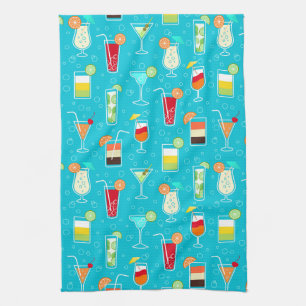 Cocktail Pattern on Teal Background Tea Towel