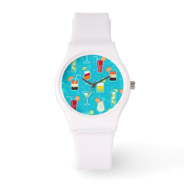 Cocktail Pattern on Teal Background Watch (Front)