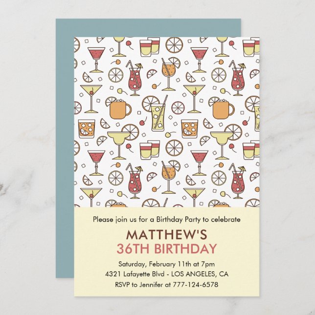 Cocktail Pattern Retro Champagne 36th birthday Invitation (Front/Back)