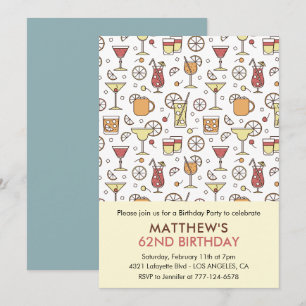 Cocktail Pattern Retro Champagne 62nd birthday Invitation