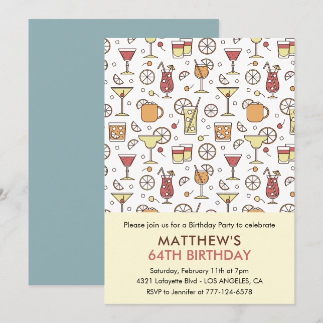 Cocktail Pattern Retro Champagne 64th birthday Invitation (Front/Back)