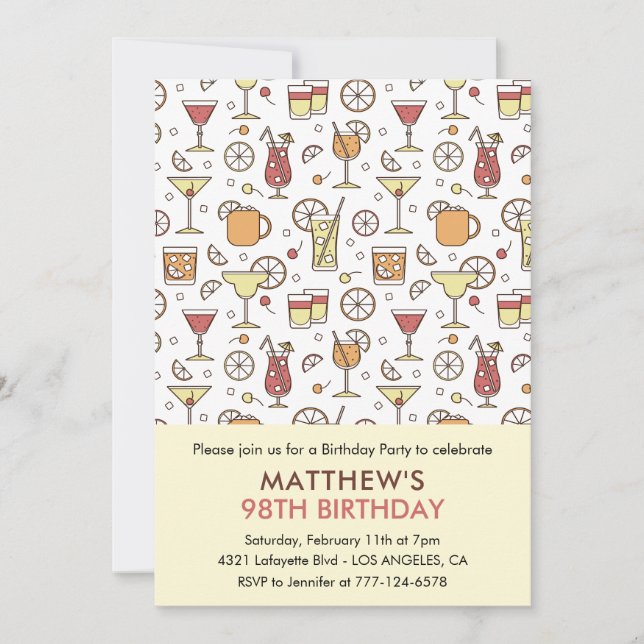 Cocktail Pattern Retro Champagne 98th birthday Invitation (Front)