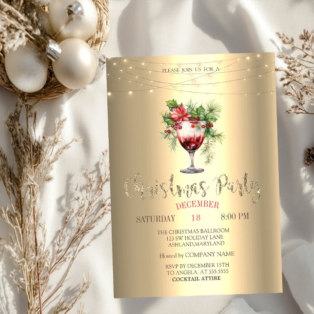  Cocktail Poinsettia String Lights Gold Christmas  Invitation (Creator Uploaded)