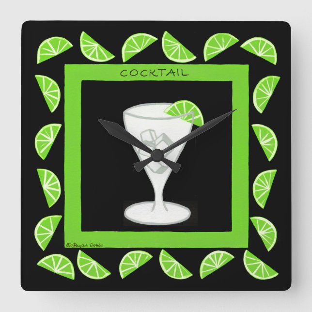 Cocktail Retro Drink Green Limes on Black Square Wall Clock (Front)