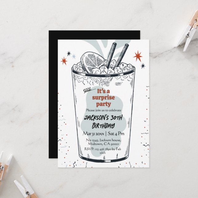 Cocktail retro drink themed 30th surprise Birthday Invitation (Front/Back In Situ)