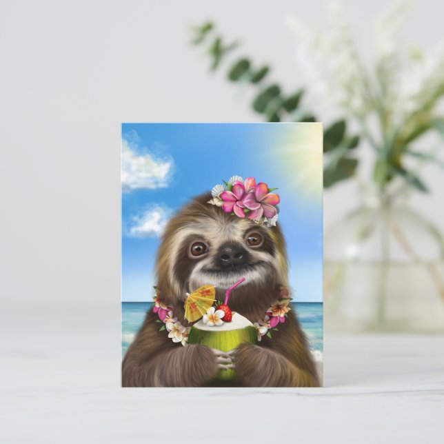 Cocktail Sloth on the Beach Postcard (Standing Front)