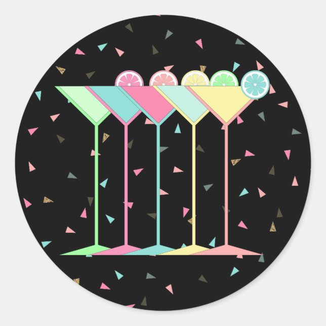 Cocktail Stickers, Martini's and Confetti in black Classic Round Sticker (Front)