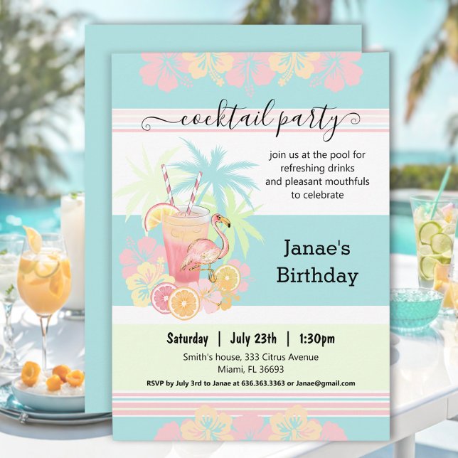 Cocktail Summer Pool Party Blue Pink Tropical Invitation (Cocktail Summer Pool Party Blue Pink Tropical Invitation)